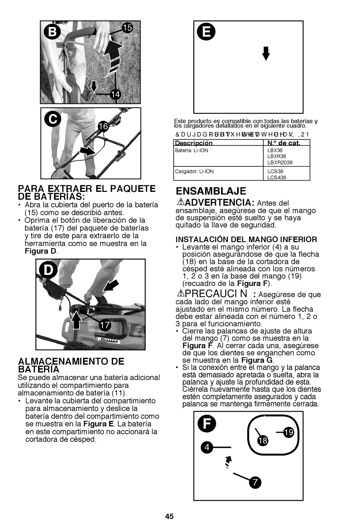 Black & Decker CM2040 Para Extraer EL Paquete DE BATERÍAS , Almacenamiento DE Batería, Instalación DEL Mango Inferior 